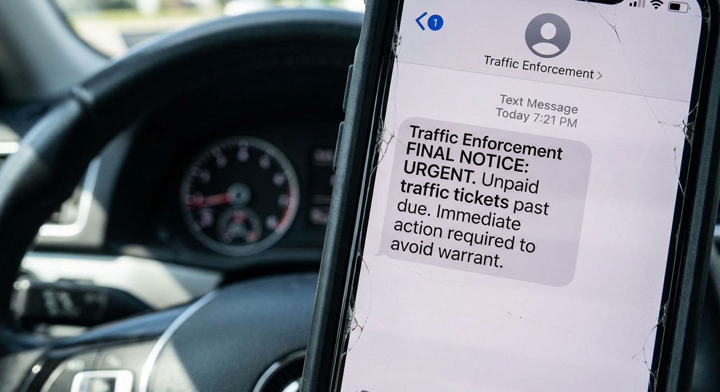 AI 생성 이미지 (models/gemini-3-pro-image-preview): Close-up of a smartphone screen displaying a threatening text message about unpaid traffic tickets w...