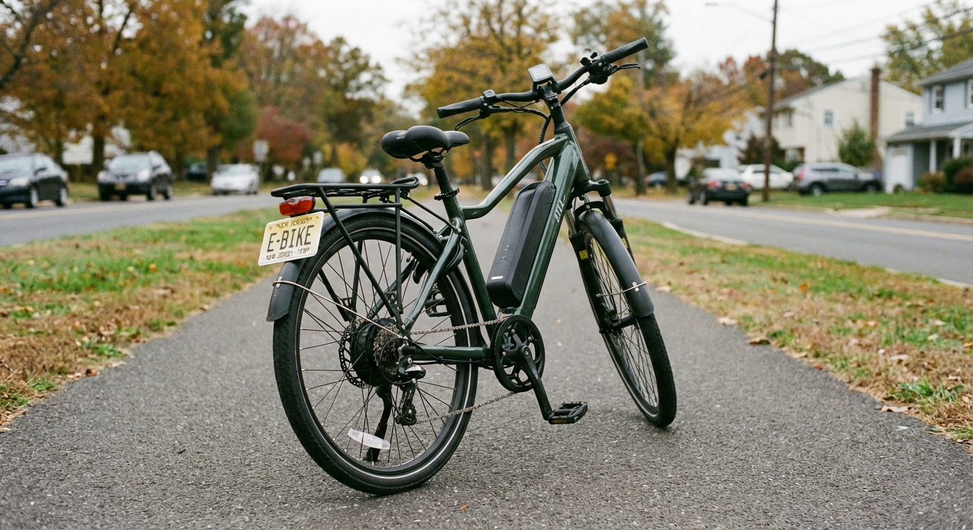 AI 생성 이미지 (models/gemini-3-pro-image-preview): A photo of an electric bicycle parked on a paved path in a suburban New Jersey park, with a blurred ...