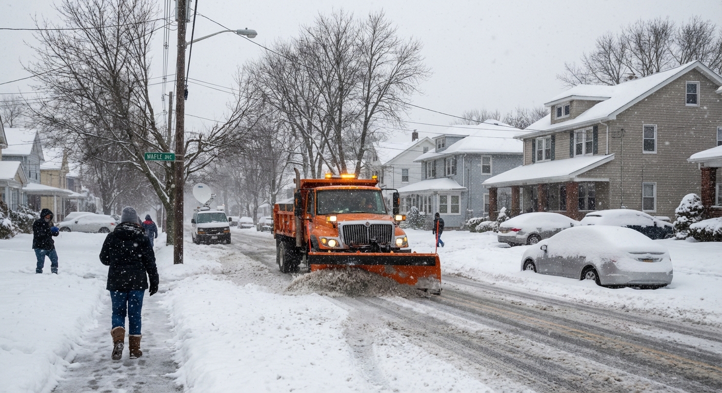 AI 생성 이미지 (models/gemini-3-pro-image-preview): A snowy street scene in a suburban New Jersey neighborhood during a winter storm, heavy snowfall, sn...