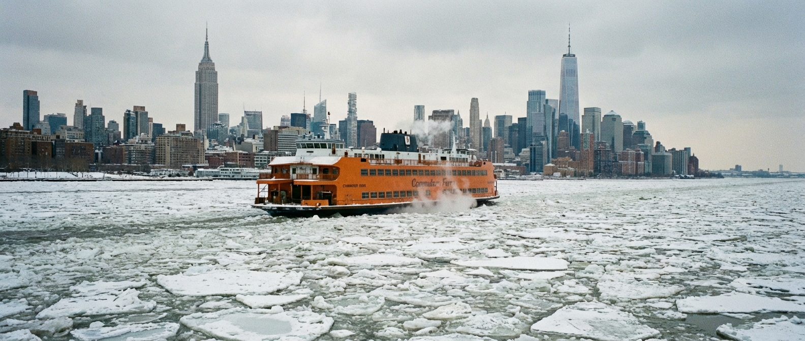 AI 생성 이미지 (models/gemini-3-pro-image-preview): A wide shot of a commuter ferry navigating through a frozen river filled with large chunks of ice, w...