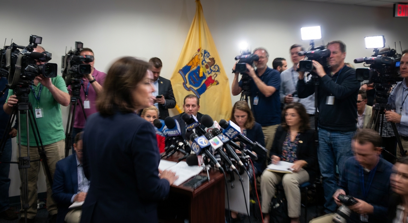 AI 생성 이미지 (models/gemini-3-pro-image-preview): A press conference setting with a blurred figure of a female politician at a podium, New Jersey stat...