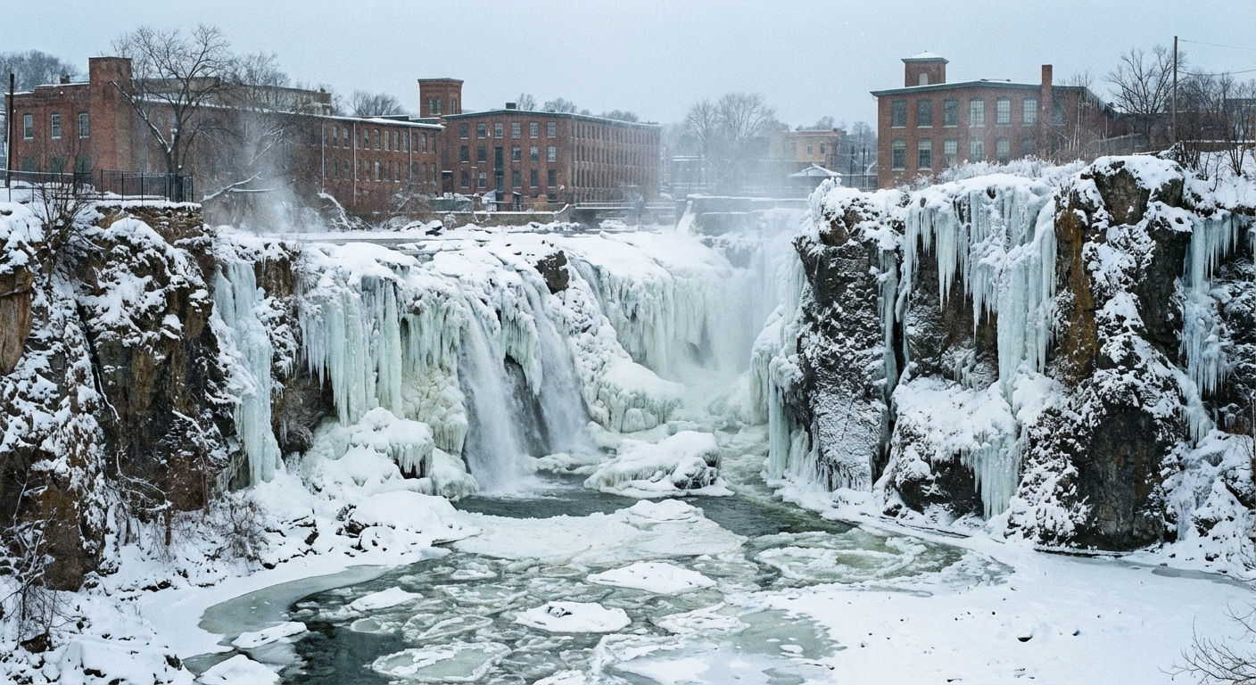 AI 생성 이미지 (models/gemini-3-pro-image-preview): Frozen Great Falls in Paterson New Jersey, winter landscape, ice formations on rocks, cold weather a...