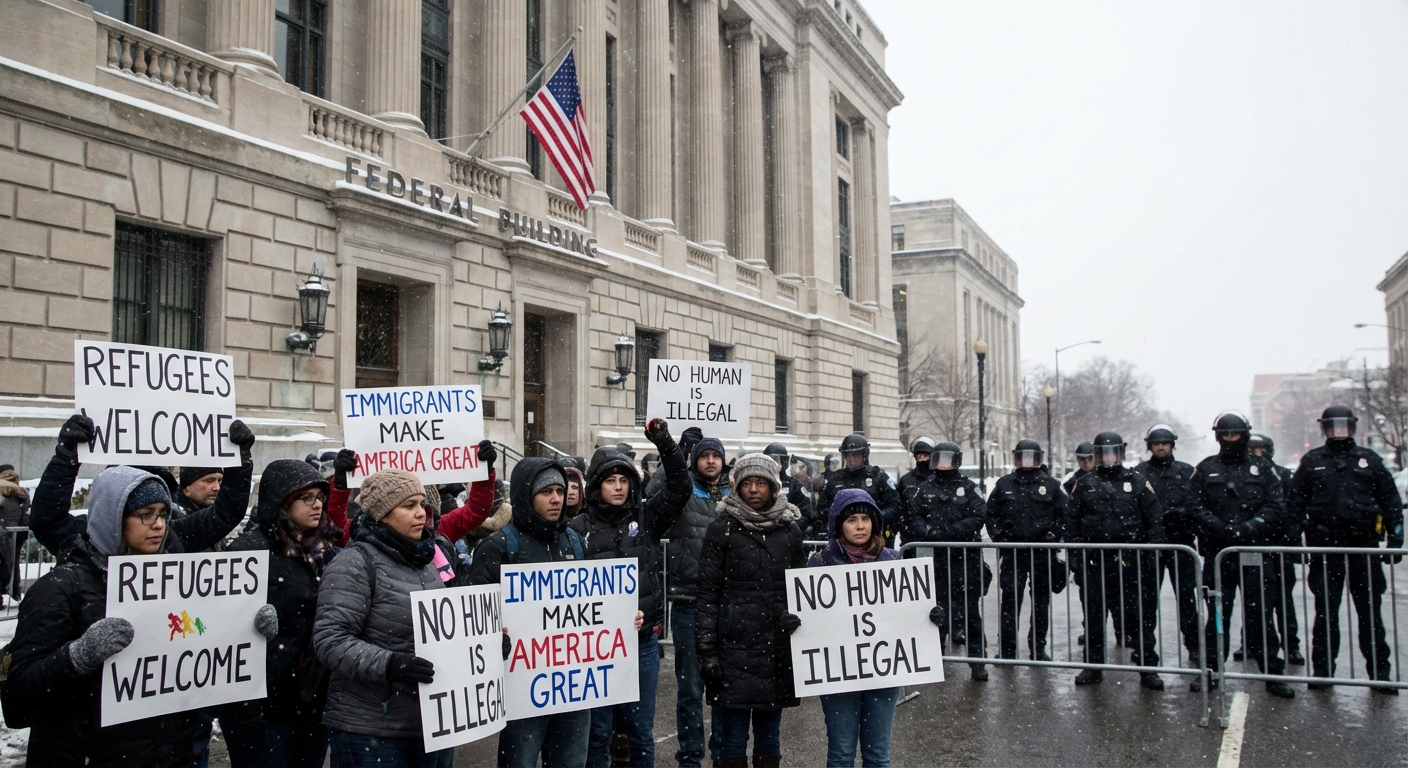 AI 생성 이미지 (models/gemini-3-pro-image-preview): Protesters holding signs supporting immigrants outside a US government building, winter atmosphere, ...