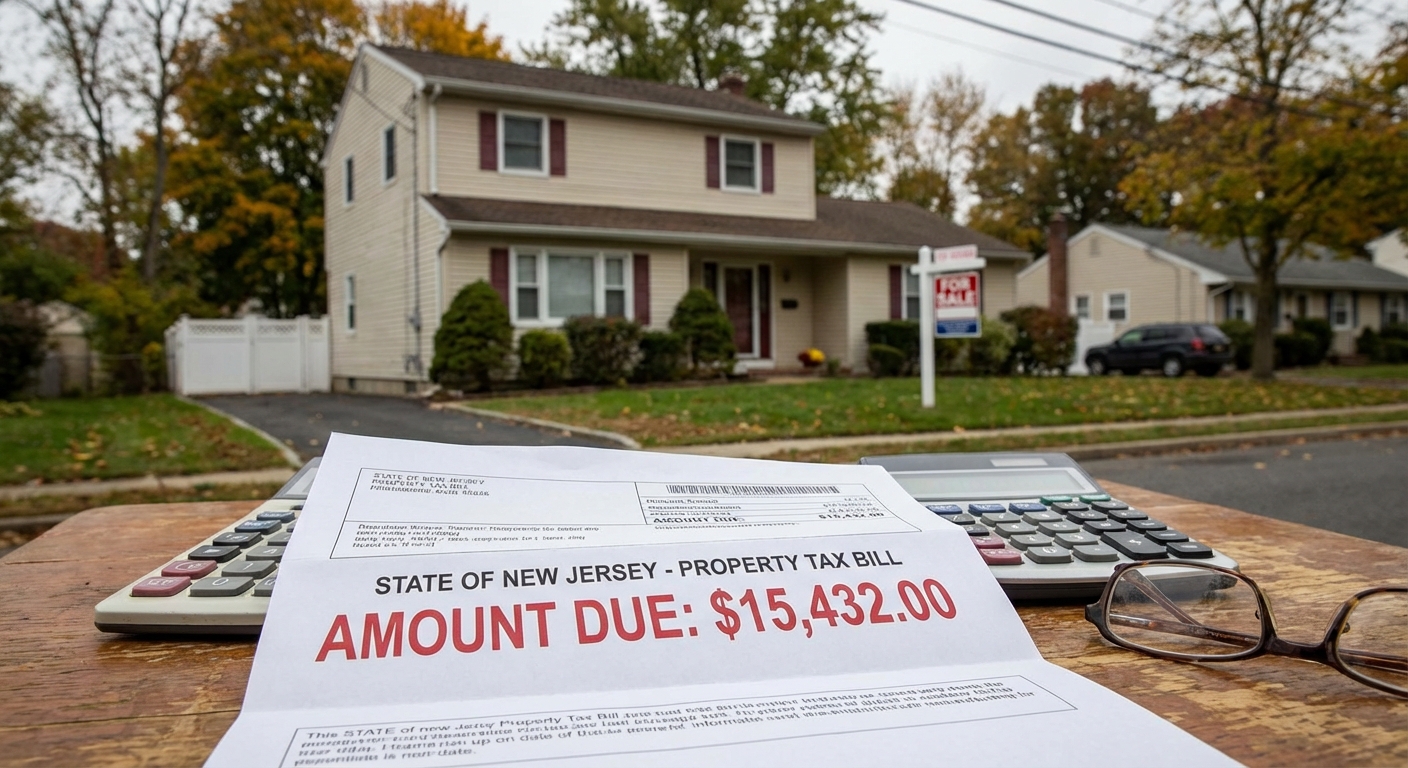 AI 생성 이미지 (models/gemini-3-pro-image-preview): A photo of a suburban house in New Jersey with a property tax bill document in the foreground, reali...