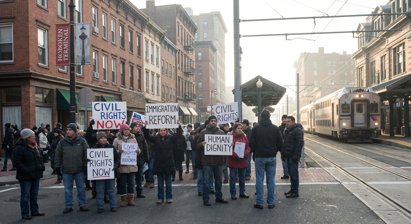 AI 생성 이미지 (models/gemini-3-pro-image-preview): A photojournalistic image of a peaceful protest near a light rail station in an urban setting like N...