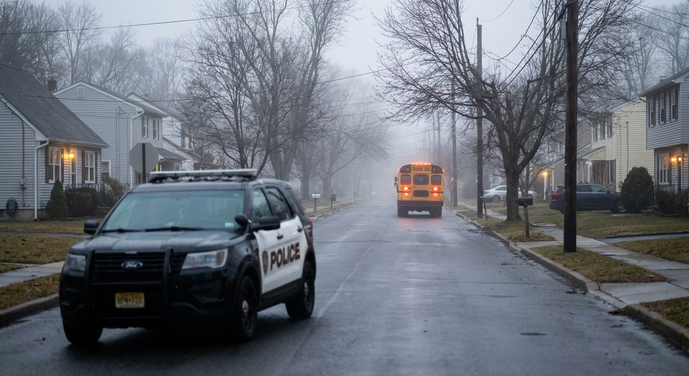 AI 생성 이미지 (models/gemini-3-pro-image-preview): A quiet suburban street in New Jersey with a school bus in the distance, misty morning atmosphere, f...