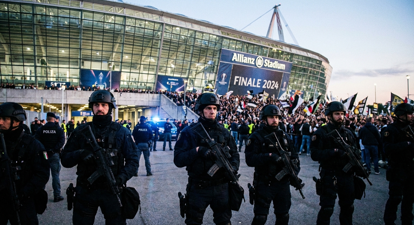 AI 생성 이미지 (models/gemini-3-pro-image-preview): A photo showing security personnel standing guard outside a large modern soccer stadium, blurred cro...