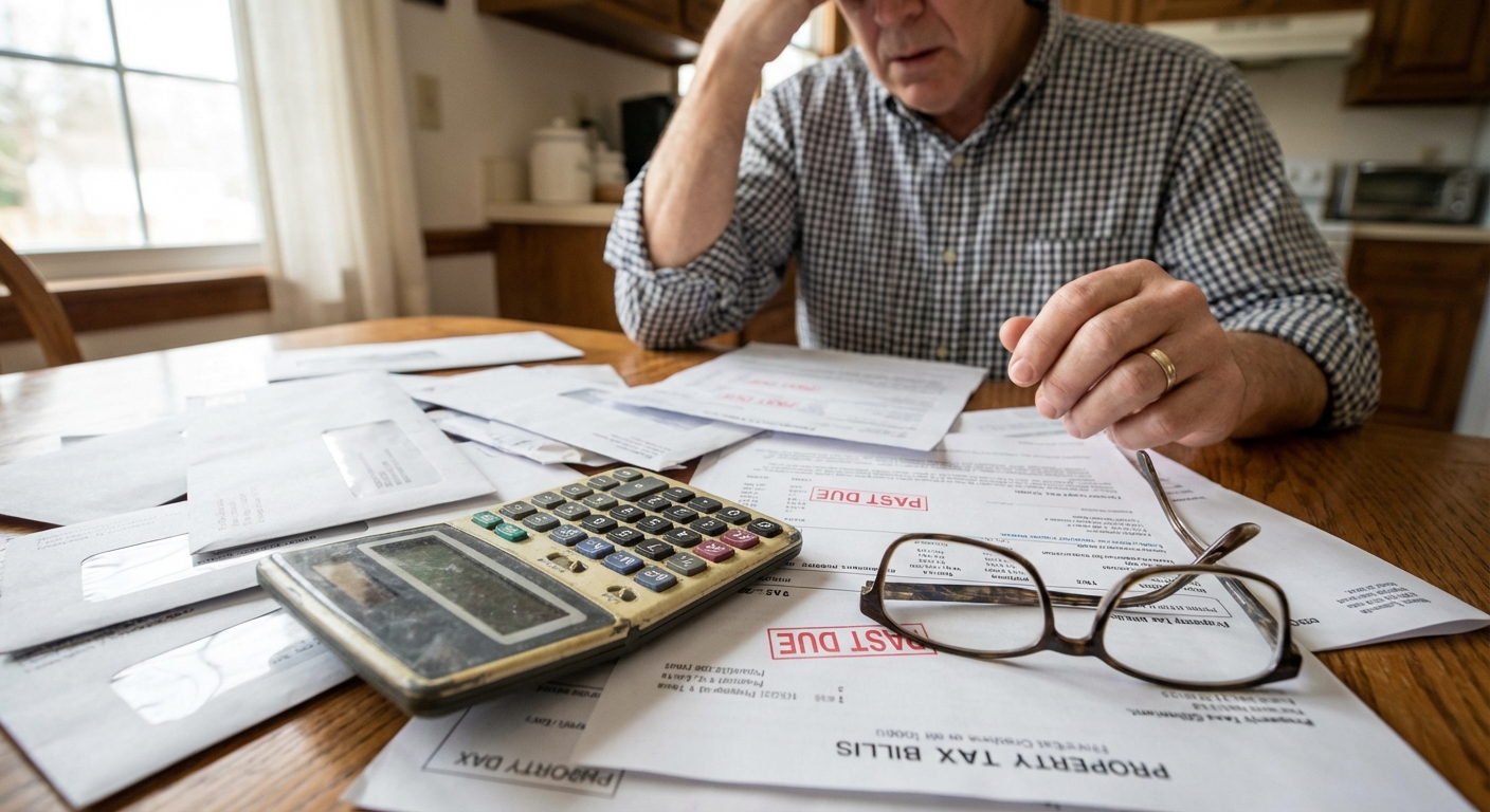 AI 생성 이미지 (models/gemini-3-pro-image-preview): A close-up photo of a pile of property tax bills on a kitchen table with a calculator and a pair of ...