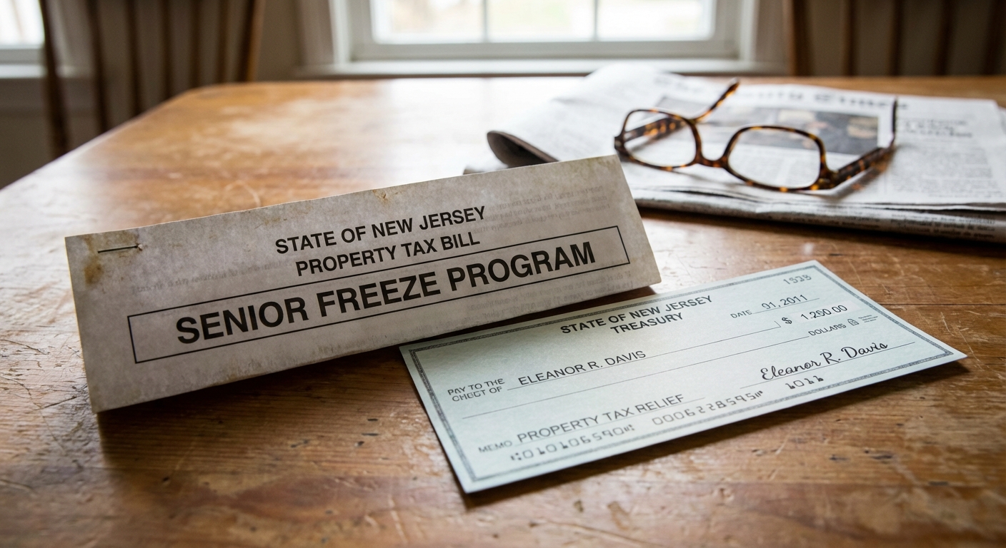 AI 생성 이미지 (models/gemini-3-pro-image-preview): A close-up photo of a New Jersey property tax bill and a check on a wooden table, with a pair of rea...