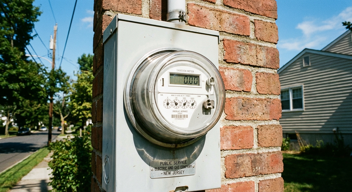 AI 생성 이미지 (models/gemini-3-pro-image-preview): Close-up photo of a residential electric meter on a house wall, sunny day, New Jersey suburban backg...