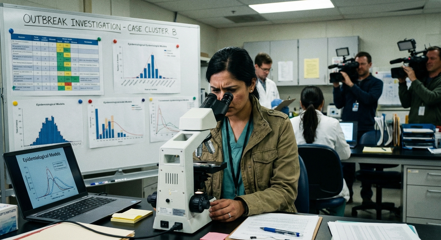 AI 생성 이미지 (models/gemini-3-pro-image-preview): A photo of a medical professional or health official looking at a microscope or data charts in a lab...