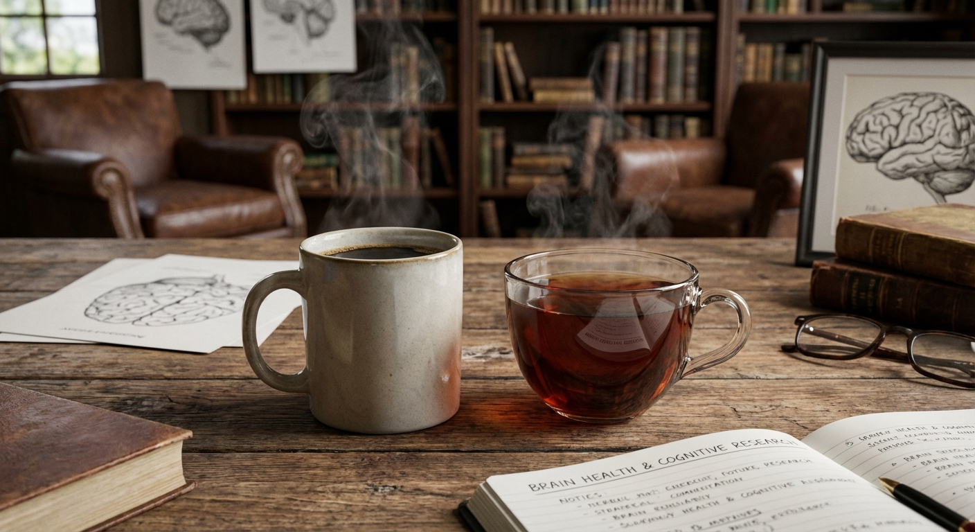 AI 생성 이미지 (models/gemini-3-pro-image-preview): A close-up, photorealistic image of a steaming cup of black coffee and a cup of tea on a wooden tabl...