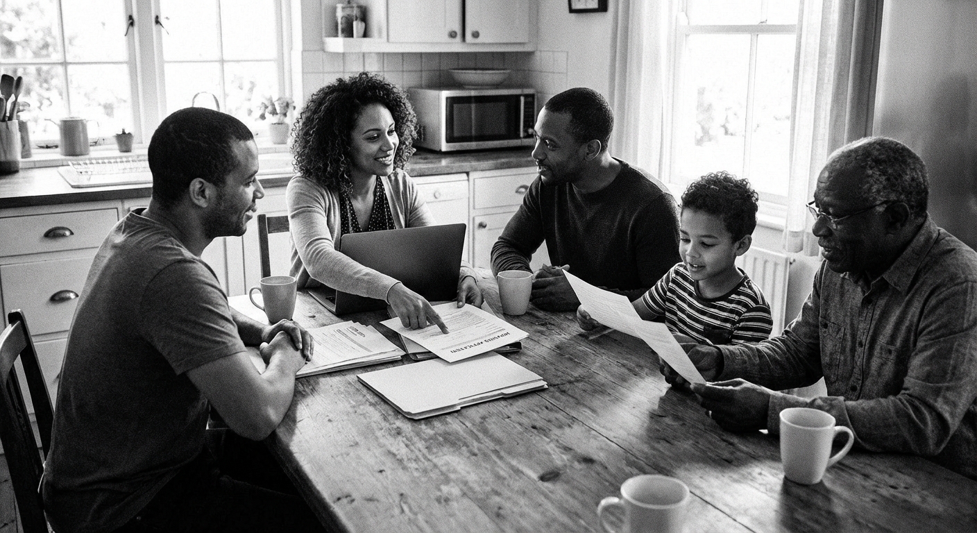 AI 생성 이미지 (models/gemini-3-pro-image-preview): A professional photo of a diverse family sitting at a kitchen table reviewing financial documents an...