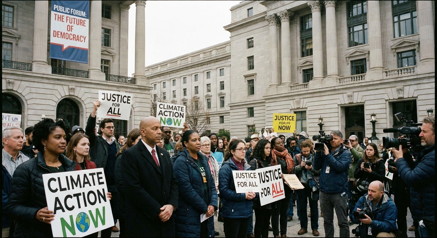 AI 생성 이미지 (models/gemini-3-pro-image-preview): A professional news photograph showing a government building with a diverse group of people peaceful...