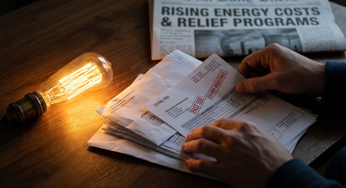 AI 생성 이미지 (models/gemini-3-pro-image-preview): A conceptual image showing a glowing lightbulb and a stack of utility bills on a wooden table, repre...