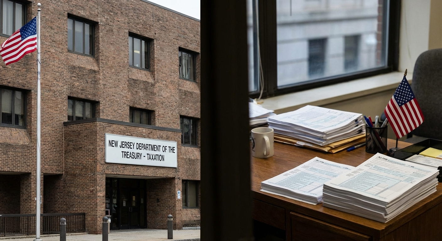 AI 생성 이미지 (models/gemini-3-pro-image-preview): New Jersey state government office building exterior, tax filing documents on desk, American flag, o...