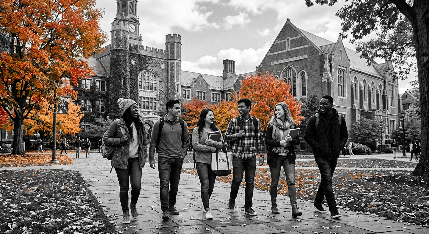 AI 생성 이미지 (models/gemini-3.1-flash-image-preview): A photo-realistic image of a diverse group of students walking on a beautiful university campus in N...