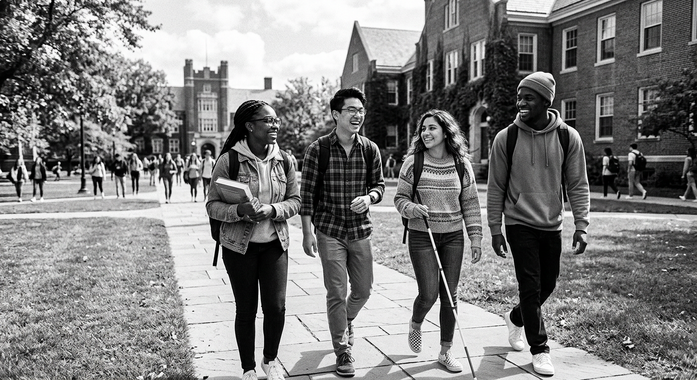 AI 생성 이미지 (models/gemini-3.1-flash-image-preview): A warm and inspiring photo of a diverse group of college students, including a student with a white ...