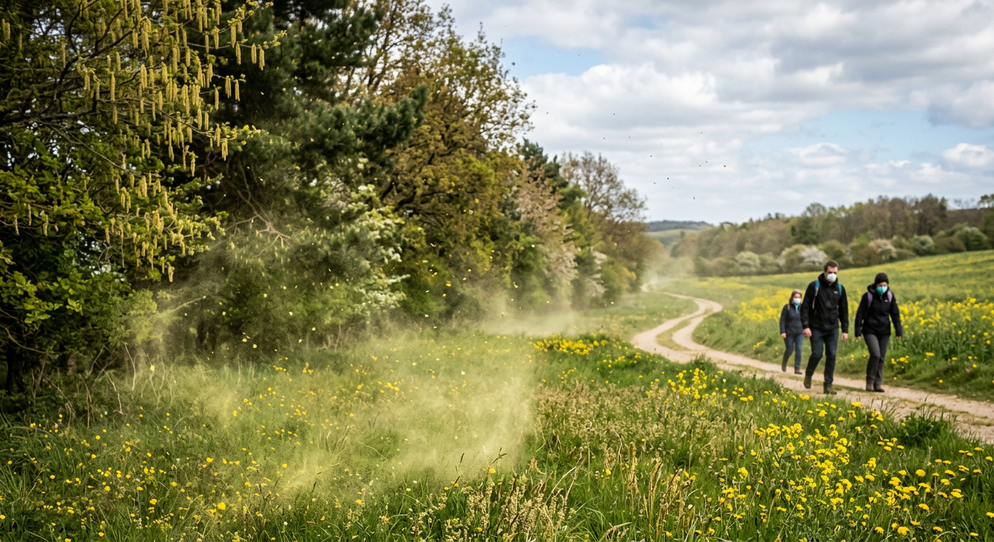 AI 생성 이미지 (models/gemini-3.1-flash-image-preview): A conceptual image of a spring landscape with visible yellow pollen particles blowing in the wind, p...