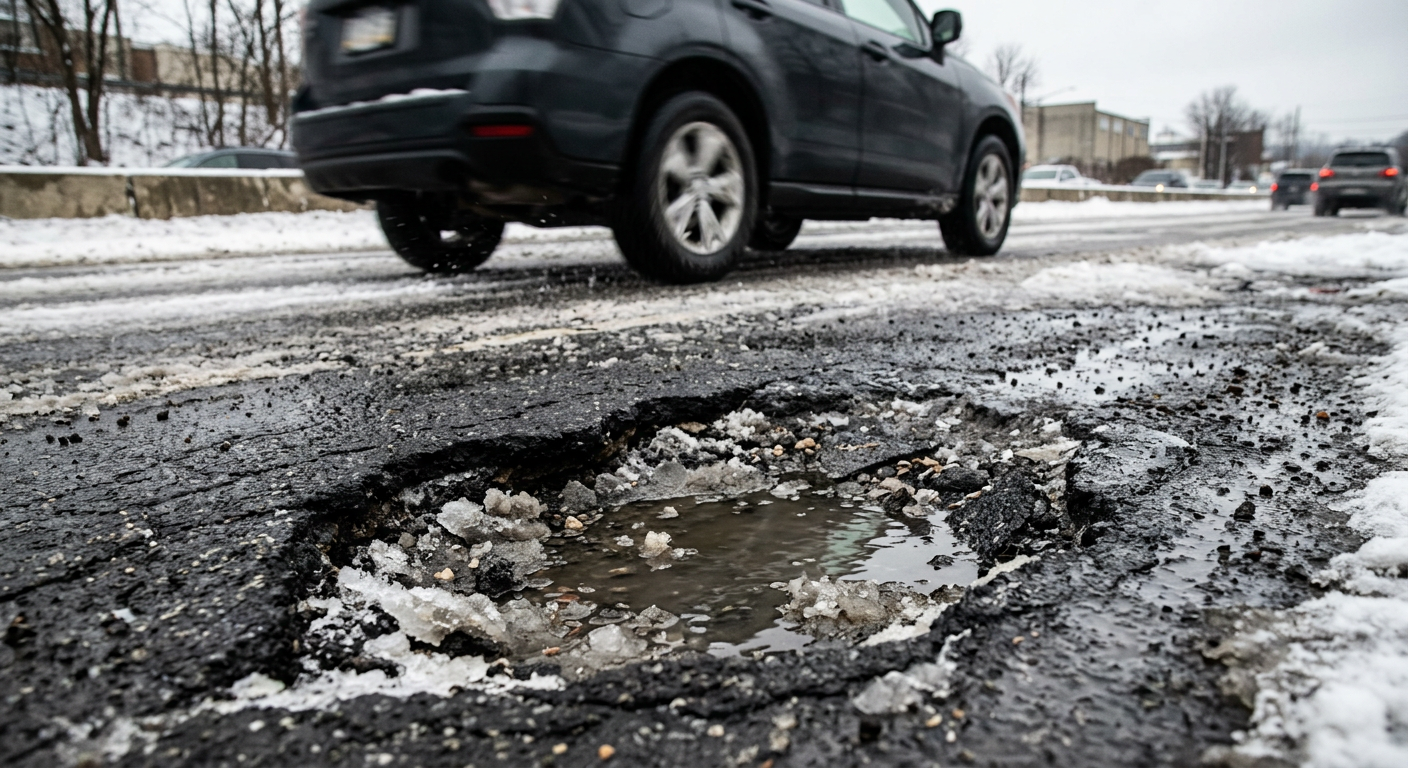 AI 생성 이미지 (models/gemini-3.1-flash-image-preview): A close-up shot of a deep, jagged pothole on an asphalt road during winter, with a blurred car tire ...