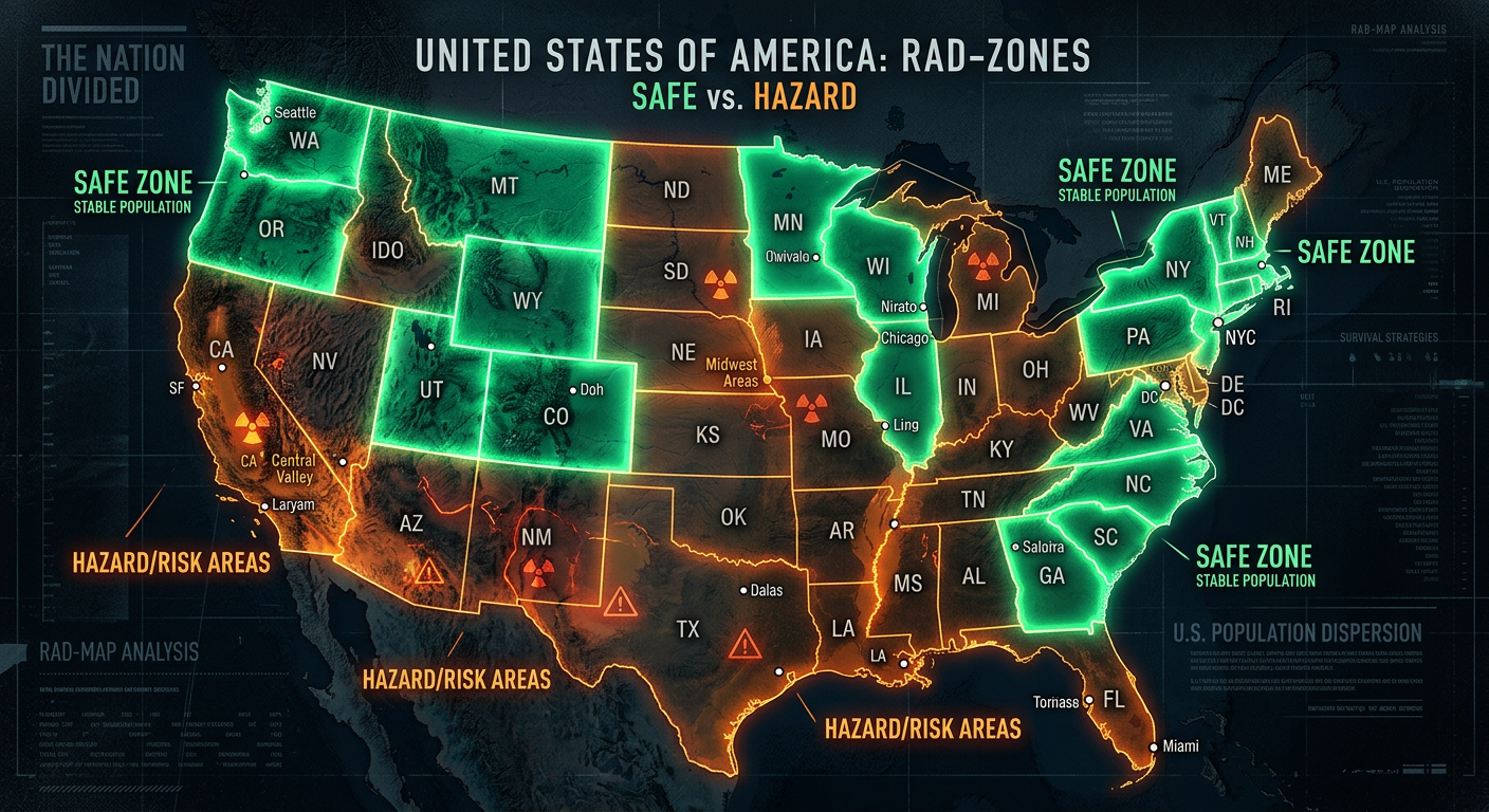 AI 생성 이미지 (models/gemini-3.1-flash-image-preview): A conceptual digital illustration of a map of the United States with glowing safe zones and hazard a...