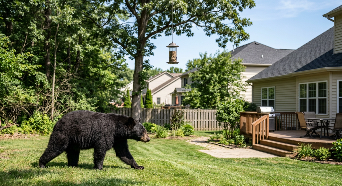 AI 생성 이미지 (models/gemini-3.1-flash-image-preview): A realistic photo of a black bear approaching a residential backyard in a suburban neighborhood, wit...