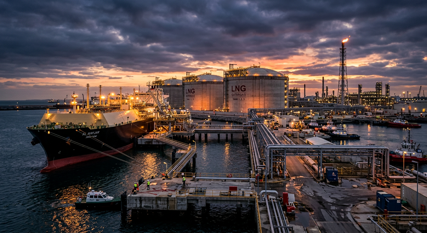 AI 생성 이미지 (models/gemini-3.1-flash-image-preview): A large industrial liquefied natural gas facility at a port, with massive storage tanks and a cargo ...