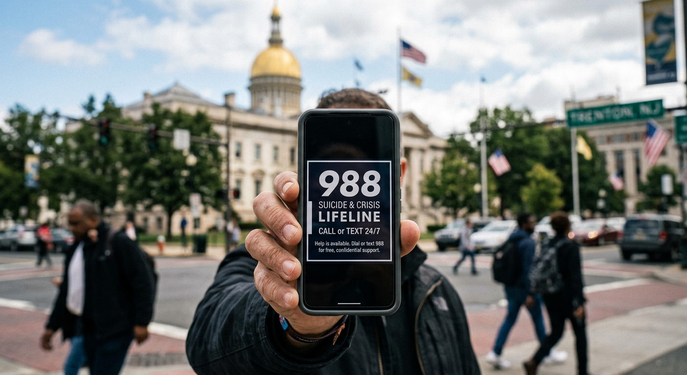 AI 생성 이미지 (models/gemini-3.1-flash-image-preview): A close-up photo of a smartphone screen displaying the number 988, with a blurred background of a Ne...