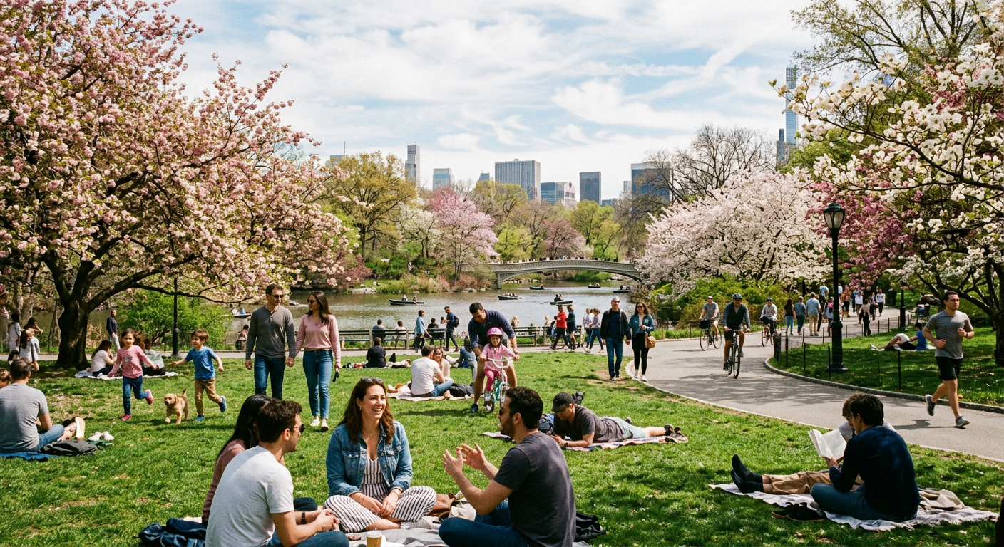 AI 생성 이미지 (models/gemini-3.1-flash-image-preview): A sunny spring day in a park with people enjoying the warm weather, light clouds in the sky, bloomin...