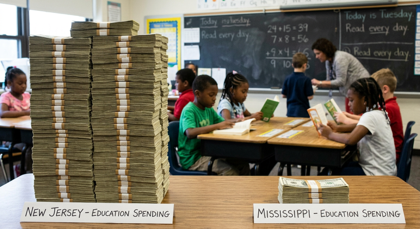 AI 생성 이미지 (models/gemini-3.1-flash-image-preview): A conceptual photo comparing a stack of money representing education spending with a classroom scene...