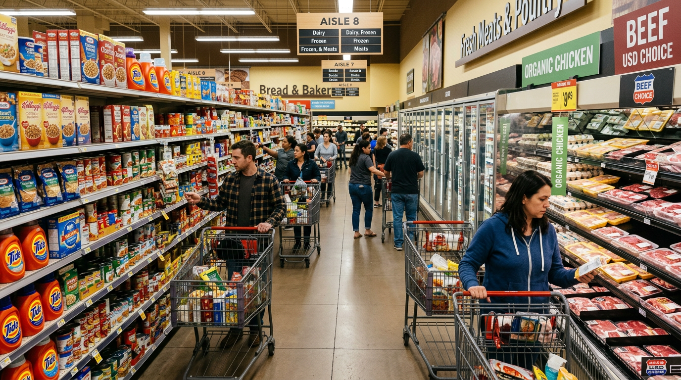 AI 생성 이미지 (models/gemini-3.1-flash-image-preview): A wide shot of a busy American grocery store aisle, showing shelves stocked with various packaged fo...