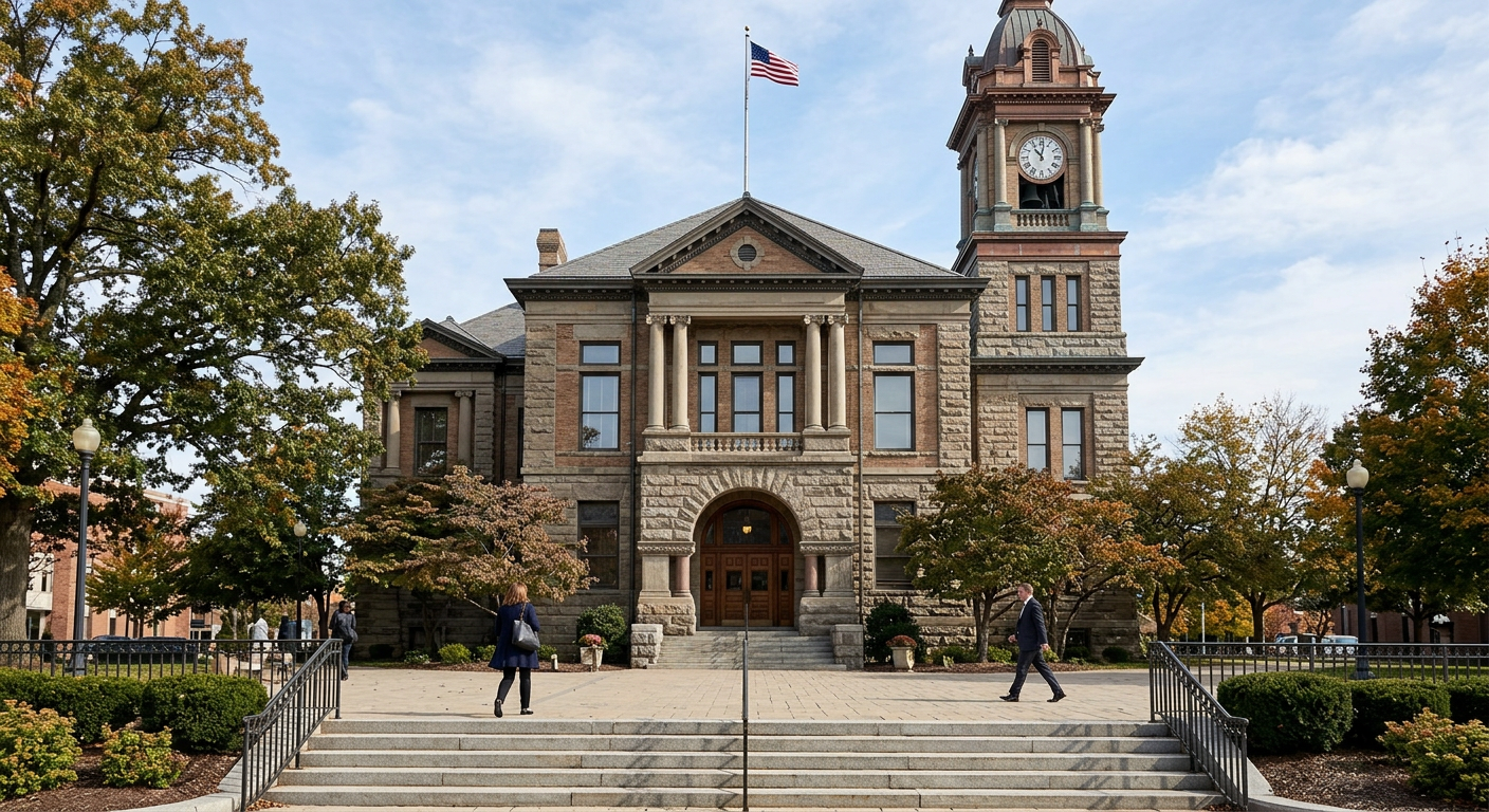 AI 생성 이미지 (models/gemini-3.1-flash-image-preview): A professional news photograph of a county courthouse or election board building exterior, with a se...