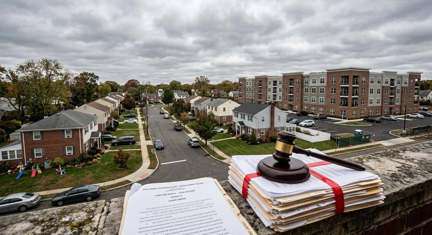 AI 생성 이미지 (models/gemini-3.1-flash-image-preview): A wide shot of a suburban neighborhood in New Jersey with a mix of single-family homes and a newly c...