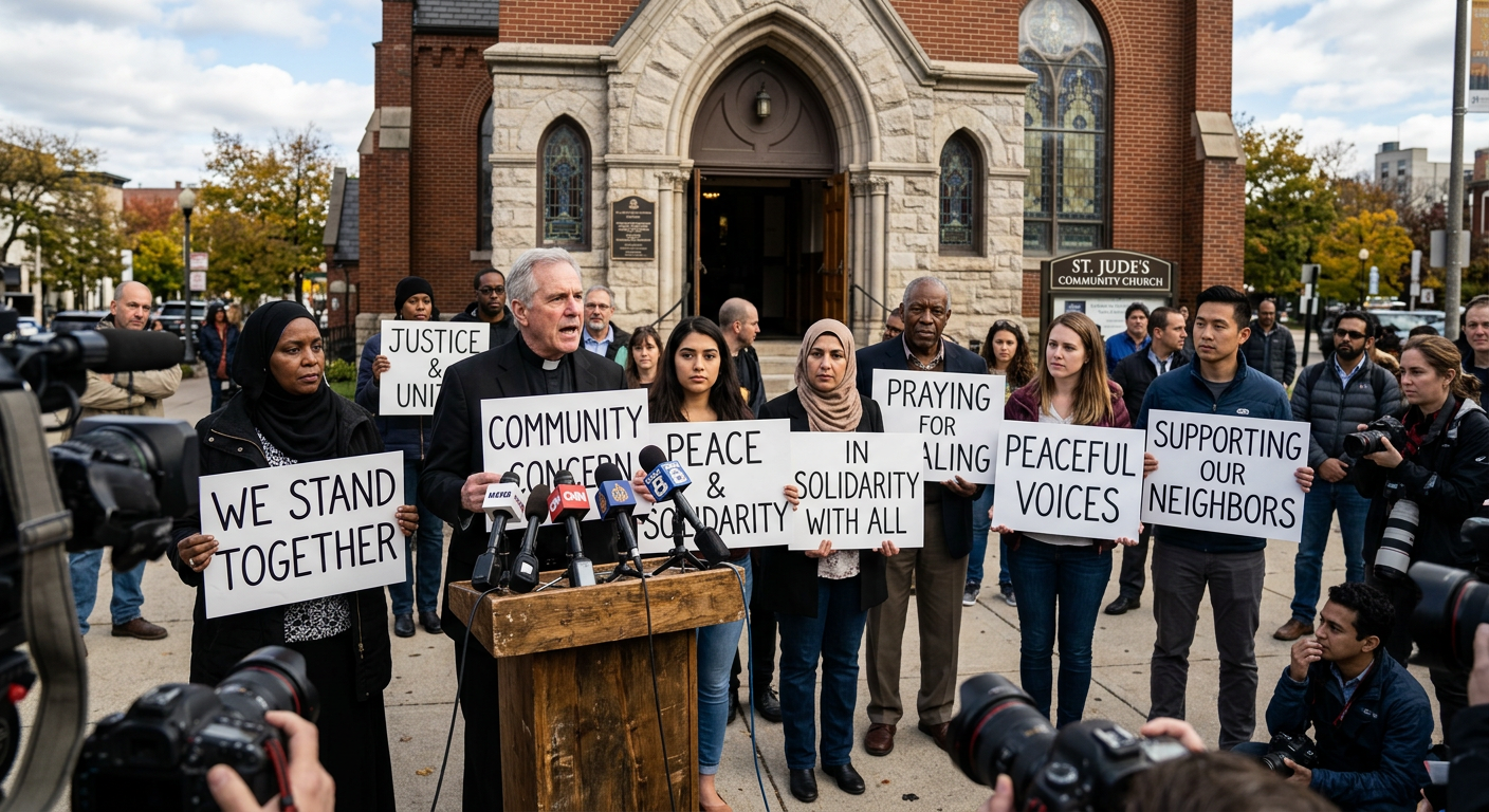 AI 생성 이미지 (models/gemini-3.1-flash-image-preview): A diverse group of people holding a peaceful press conference outside a church, expressing concern a...
