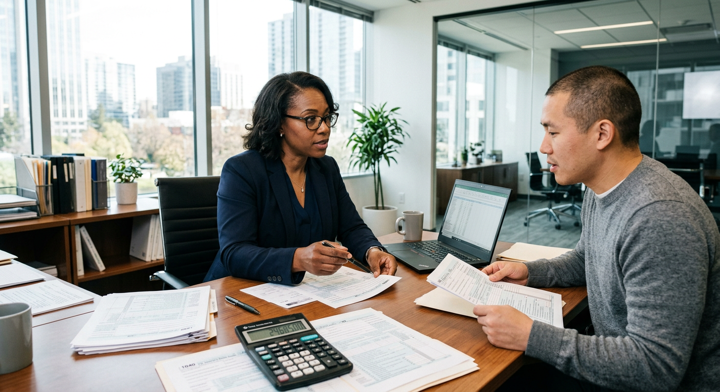 AI 생성 이미지 (models/gemini-3.1-flash-image-preview): A professional tax preparer reviewing financial documents with a client in a modern office setting, ...