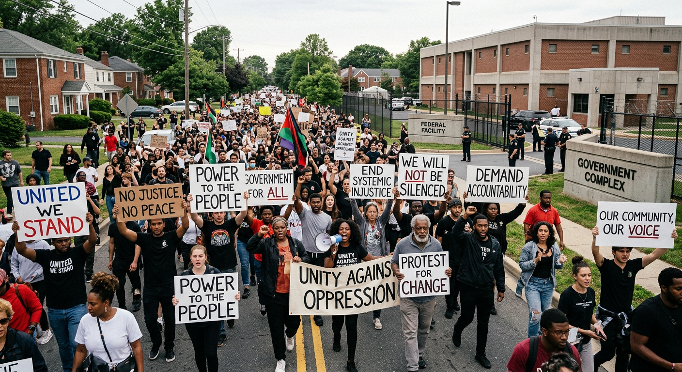 AI 생성 이미지 (models/gemini-3.1-flash-image-preview): A large crowd of diverse people holding protest signs in a suburban town setting, standing united ag...