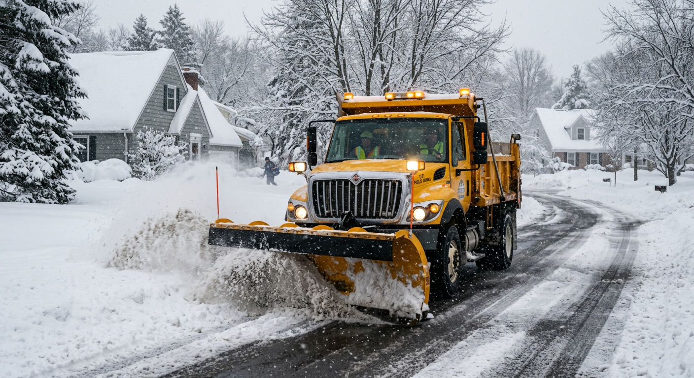 AI 생성 이미지 (models/gemini-3.1-flash-image-preview): A snowplow clearing a heavily snow-covered street in a suburban neighborhood during a severe winter ...