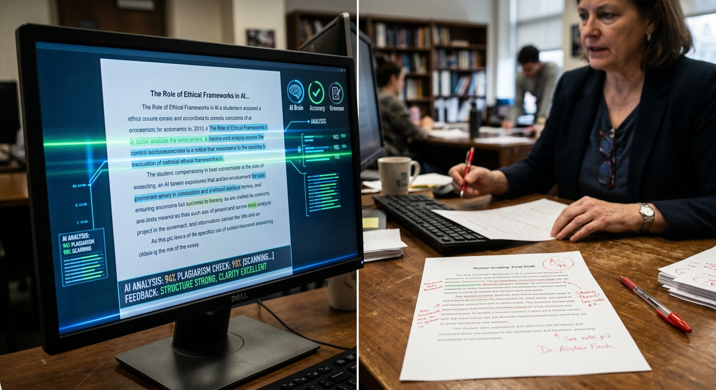 AI 생성 이미지 (models/gemini-3.1-flash-image-preview): A conceptual image showing a computer screen displaying a student's essay with digital scanning line...