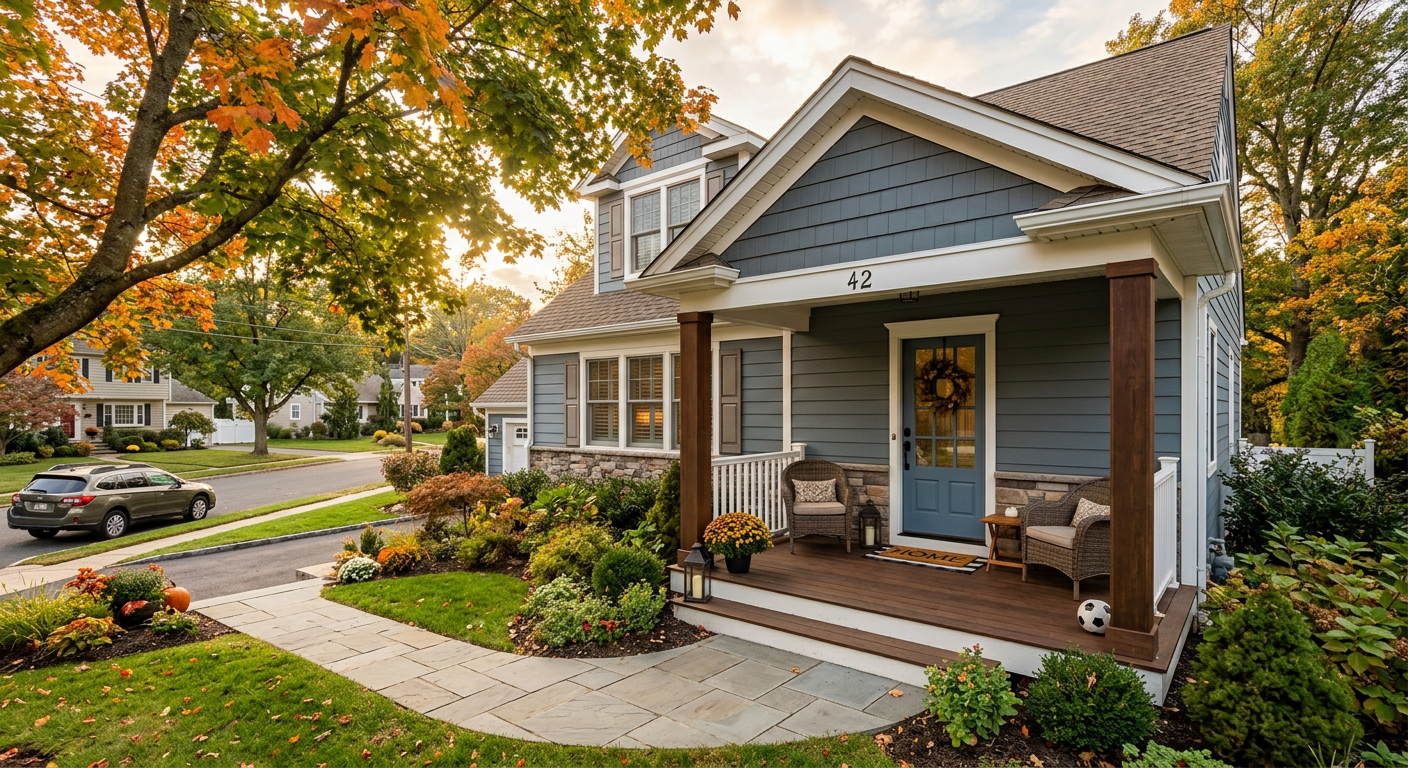 AI 생성 이미지 (models/gemini-3.1-flash-image-preview): A cozy residential house in New Jersey with a subtle soccer ball resting on the front porch, warm su...