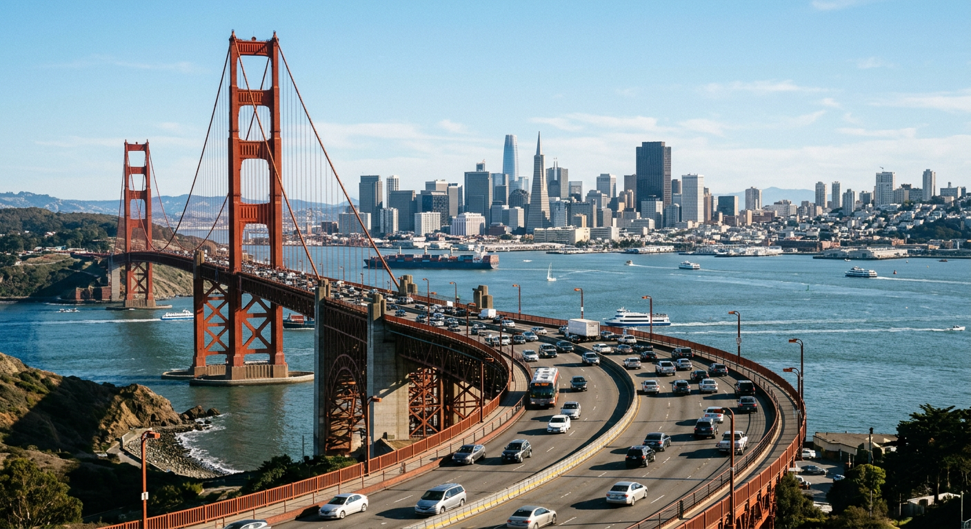 AI 생성 이미지 (models/gemini-3.1-flash-image-preview): A modern suspension bridge over a bay with a city skyline in the background, clear sky, cars driving...