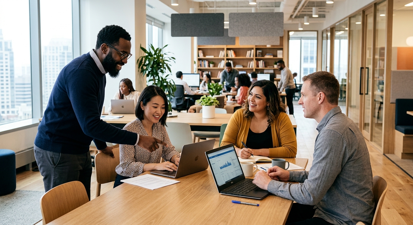 AI 생성 이미지 (models/gemini-3.1-flash-image-preview): A professional office environment showing diverse workers of different heights and body types workin...