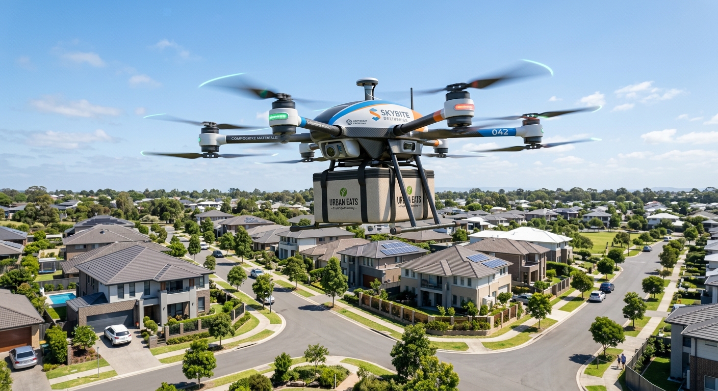 AI 생성 이미지 (models/gemini-3.1-flash-image-preview): A futuristic delivery drone carrying a food package flying over a suburban neighborhood, clear blue ...