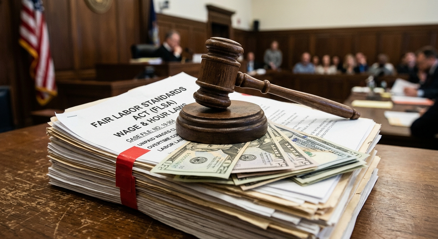 AI 생성 이미지 (models/gemini-3.1-flash-image-preview): A gavel resting on a stack of legal documents and US currency, symbolizing labor laws and wage justi...