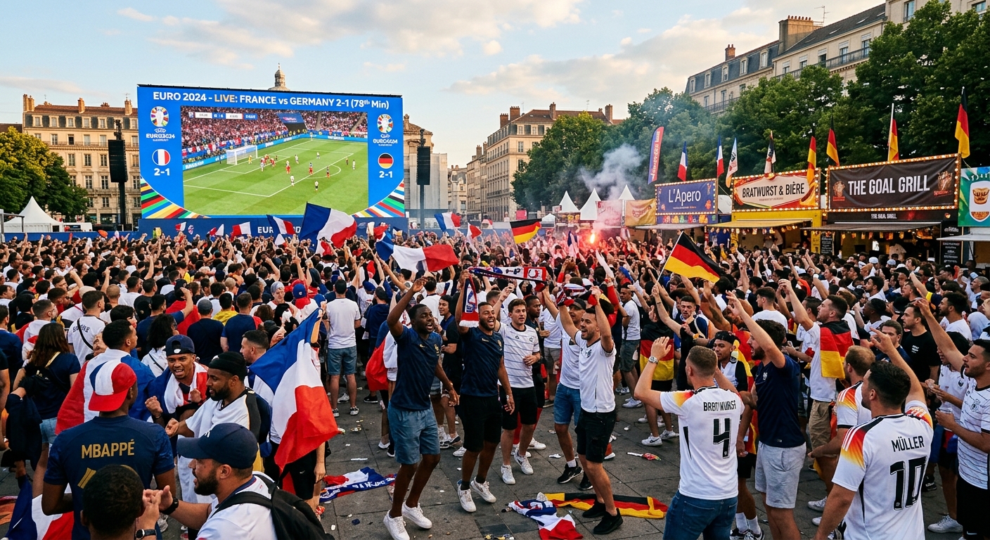 AI 생성 이미지 (models/gemini-3.1-flash-image-preview): A vibrant outdoor public viewing area for a major soccer tournament, featuring a large screen, enthu...