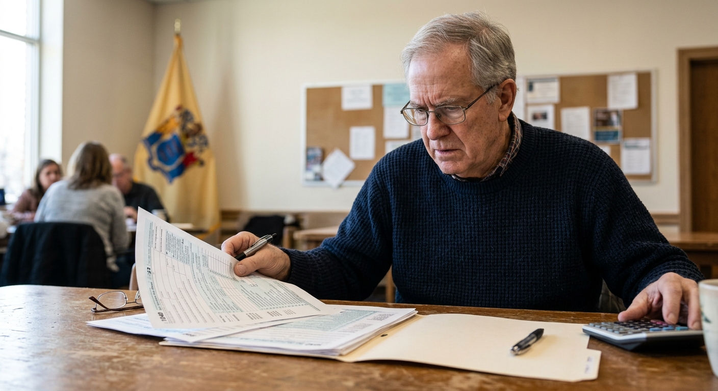 AI 생성 이미지 (models/gemini-3.1-flash-image-preview): A professional news photograph showing a senior citizen looking at tax documents at a table, with a ...
