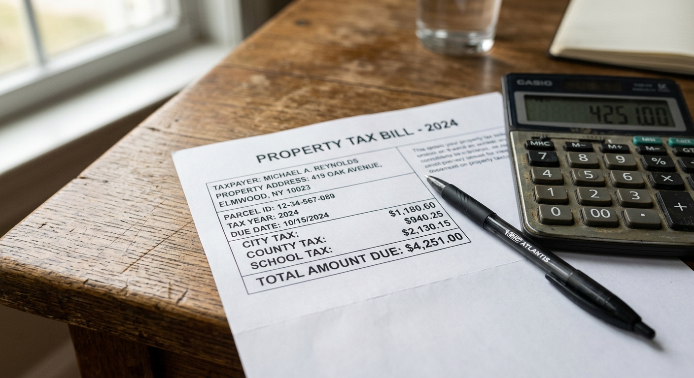 AI 생성 이미지 (models/gemini-3.1-flash-image-preview): A close-up shot of a property tax bill with a calculator and a pen on a wooden desk, soft natural li...
