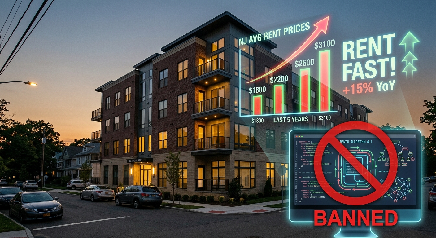 AI 생성 이미지 (models/gemini-3.1-flash-image-preview): A modern apartment building in New Jersey with a digital overlay showing rising rent prices and a re...