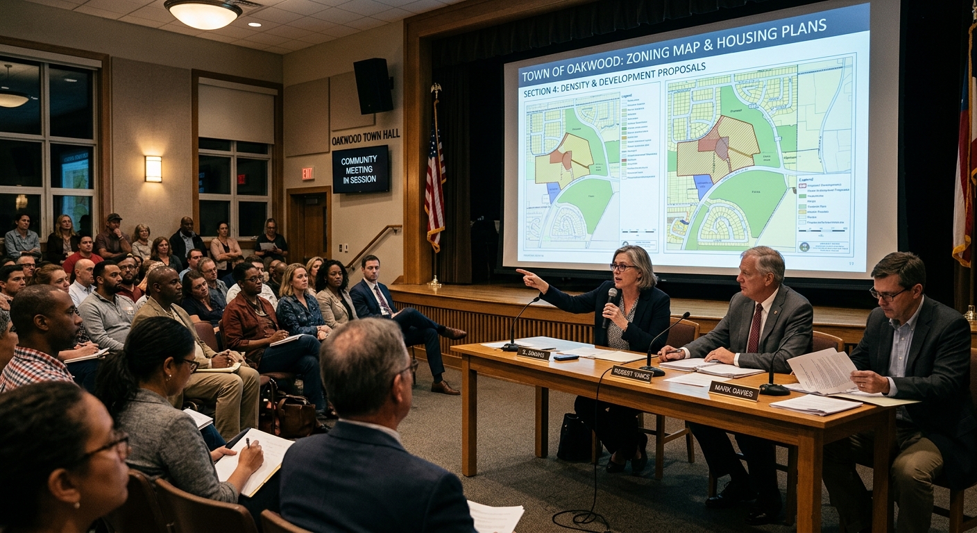 AI 생성 이미지 (models/gemini-3.1-flash-image-preview): A professional news photo showing a local town hall meeting in progress, with officials discussing z...