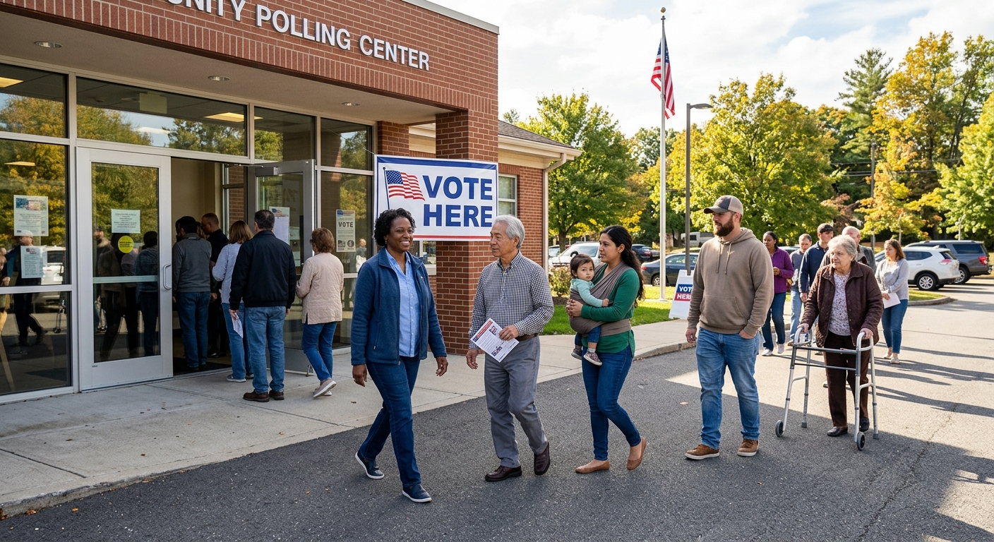 AI 생성 이미지 (models/gemini-3.1-flash-image-preview): A professional news photo showing a diverse group of people walking into a polling station in a subu...