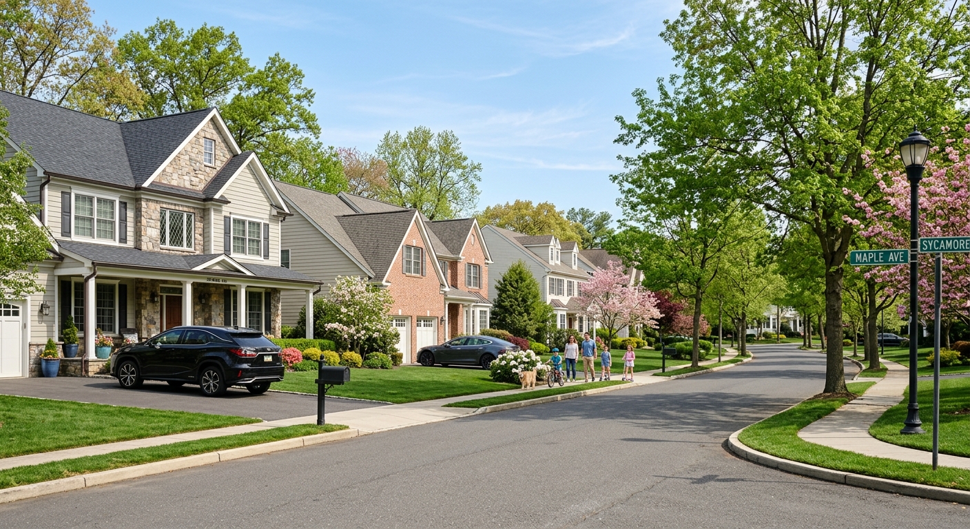 AI 생성 이미지 (models/gemini-3.1-flash-image-preview): A peaceful and upscale suburban neighborhood street in New Jersey during spring, featuring beautiful...